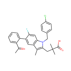 CC(=O)c1ccccc1-c1cc2c(C)c(CC(C)(C)C(=O)O)n(Cc3ccc(Cl)cc3)c2cc1F ZINC000653711584