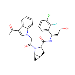 CC(=O)c1cn(CC(=O)N2[C@H](C(=O)N[C@H](CCO)c3cccc(Cl)c3F)C[C@H]3C[C@H]32)c2ccccc12 ZINC000473179724
