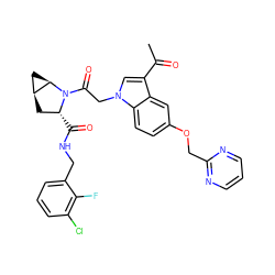CC(=O)c1cn(CC(=O)N2[C@H](C(=O)NCc3cccc(Cl)c3F)C[C@H]3C[C@H]32)c2ccc(OCc3ncccn3)cc12 ZINC000143857543