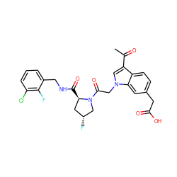 CC(=O)c1cn(CC(=O)N2C[C@H](F)C[C@H]2C(=O)NCc2cccc(Cl)c2F)c2cc(CC(=O)O)ccc12 ZINC000148243140