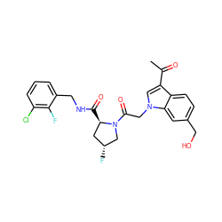 CC(=O)c1cn(CC(=O)N2C[C@H](F)C[C@H]2C(=O)NCc2cccc(Cl)c2F)c2cc(CO)ccc12 ZINC000148134639
