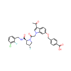 CC(=O)c1cn(CC(=O)N2C[C@H](F)C[C@H]2C(=O)NCc2cccc(Cl)c2F)c2cc(OCc3ccc(C(=O)O)cc3)ccc12 ZINC000148210164