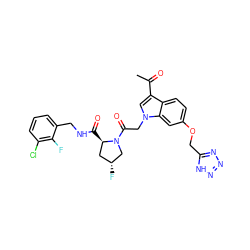 CC(=O)c1cn(CC(=O)N2C[C@H](F)C[C@H]2C(=O)NCc2cccc(Cl)c2F)c2cc(OCc3nnn[nH]3)ccc12 ZINC000143947737