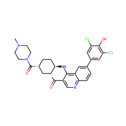 CC(=O)c1cnc2ccc(-c3cc(Cl)c(O)c(Cl)c3)cc2c1N[C@H]1CC[C@H](C(=O)N2CCN(C)CC2)CC1 ZINC000473197882
