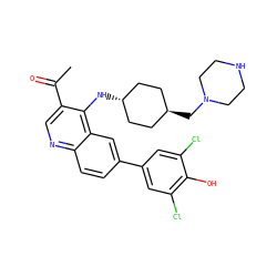 CC(=O)c1cnc2ccc(-c3cc(Cl)c(O)c(Cl)c3)cc2c1N[C@H]1CC[C@H](CN2CCNCC2)CC1 ZINC000473179718
