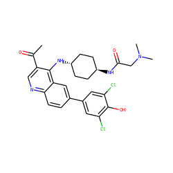 CC(=O)c1cnc2ccc(-c3cc(Cl)c(O)c(Cl)c3)cc2c1N[C@H]1CC[C@H](NC(=O)CN(C)C)CC1 ZINC000473183006