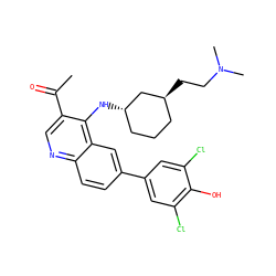 CC(=O)c1cnc2ccc(-c3cc(Cl)c(O)c(Cl)c3)cc2c1N[C@H]1CCC[C@H](CCN(C)C)C1 ZINC000114037335