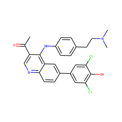 CC(=O)c1cnc2ccc(-c3cc(Cl)c(O)c(Cl)c3)cc2c1Nc1ccc(CCN(C)C)cc1 ZINC000114034315