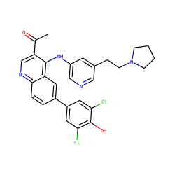 CC(=O)c1cnc2ccc(-c3cc(Cl)c(O)c(Cl)c3)cc2c1Nc1cncc(CCN2CCCC2)c1 ZINC000114037824
