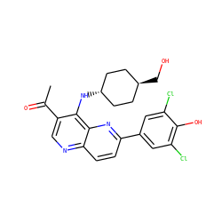 CC(=O)c1cnc2ccc(-c3cc(Cl)c(O)c(Cl)c3)nc2c1N[C@H]1CC[C@H](CO)CC1 ZINC000473213478