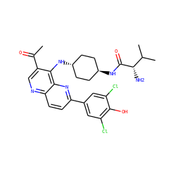 CC(=O)c1cnc2ccc(-c3cc(Cl)c(O)c(Cl)c3)nc2c1N[C@H]1CC[C@H](NC(=O)[C@@H](N)C(C)C)CC1 ZINC000473164984