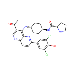 CC(=O)c1cnc2ccc(-c3cc(Cl)c(O)c(Cl)c3)nc2c1N[C@H]1CC[C@H](NC(=O)[C@@H]2CCCN2)CC1 ZINC000473165263