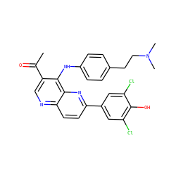 CC(=O)c1cnc2ccc(-c3cc(Cl)c(O)c(Cl)c3)nc2c1Nc1ccc(CCN(C)C)cc1 ZINC000473213481