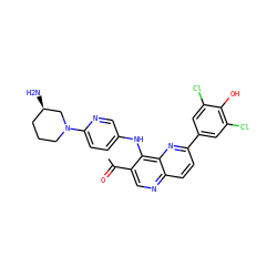 CC(=O)c1cnc2ccc(-c3cc(Cl)c(O)c(Cl)c3)nc2c1Nc1ccc(N2CCC[C@@H](N)C2)nc1 ZINC000473164816