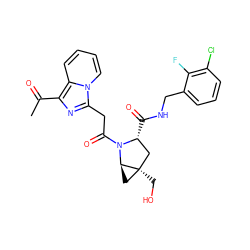CC(=O)c1nc(CC(=O)N2[C@H](C(=O)NCc3cccc(Cl)c3F)C[C@@]3(CO)C[C@@H]23)n2ccccc12 ZINC000143950327