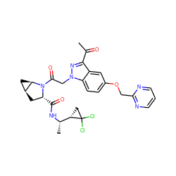 CC(=O)c1nn(CC(=O)N2[C@H](C(=O)N[C@@H](C)[C@@H]3CC3(Cl)Cl)C[C@H]3C[C@H]32)c2ccc(OCc3ncccn3)cc12 ZINC000210866369