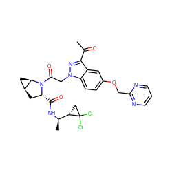 CC(=O)c1nn(CC(=O)N2[C@H](C(=O)N[C@H](C)[C@@H]3CC3(Cl)Cl)C[C@H]3C[C@H]32)c2ccc(OCc3ncccn3)cc12 ZINC000210866400