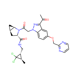 CC(=O)c1nn(CC(=O)N2[C@H](C(=O)NC[C@@H]3[C@@H](C)C3(Cl)Cl)C[C@H]3C[C@H]32)c2ccc(OCc3ncccn3)cc12 ZINC000210840930