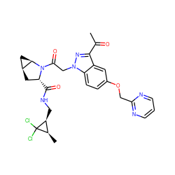 CC(=O)c1nn(CC(=O)N2[C@H](C(=O)NC[C@H]3[C@@H](C)C3(Cl)Cl)C[C@H]3C[C@H]32)c2ccc(OCc3ncccn3)cc12 ZINC000210840866