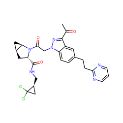 CC(=O)c1nn(CC(=O)N2[C@H](C(=O)NC[C@H]3CC3(Cl)Cl)C[C@H]3C[C@H]32)c2ccc(CCc3ncccn3)cc12 ZINC001772637896