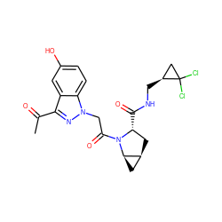 CC(=O)c1nn(CC(=O)N2[C@H](C(=O)NC[C@H]3CC3(Cl)Cl)C[C@H]3C[C@H]32)c2ccc(O)cc12 ZINC000210850534