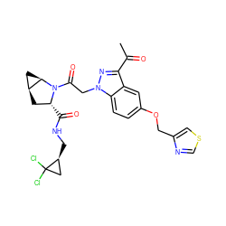 CC(=O)c1nn(CC(=O)N2[C@H](C(=O)NC[C@H]3CC3(Cl)Cl)C[C@H]3C[C@H]32)c2ccc(OCc3cscn3)cc12 ZINC000210840822