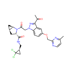 CC(=O)c1nn(CC(=O)N2[C@H](C(=O)NC[C@H]3CC3(Cl)Cl)C[C@H]3C[C@H]32)c2ccc(OCc3nccc(C)n3)cc12 ZINC001772599772