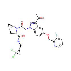 CC(=O)c1nn(CC(=O)N2[C@H](C(=O)NC[C@H]3CC3(Cl)Cl)C[C@H]3C[C@H]32)c2ccc(OCc3ncccc3F)cc12 ZINC001772583612