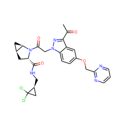 CC(=O)c1nn(CC(=O)N2[C@H](C(=O)NC[C@H]3CC3(Cl)Cl)C[C@H]3C[C@H]32)c2ccc(OCc3ncccn3)cc12 ZINC000210831937