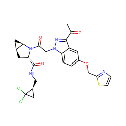 CC(=O)c1nn(CC(=O)N2[C@H](C(=O)NC[C@H]3CC3(Cl)Cl)C[C@H]3C[C@H]32)c2ccc(OCc3nccs3)cc12 ZINC000210840785