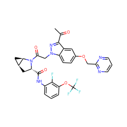 CC(=O)c1nn(CC(=O)N2[C@H](C(=O)Nc3cccc(OC(F)(F)F)c3F)C[C@H]3C[C@H]32)c2ccc(OCc3ncccn3)cc12 ZINC000473179748
