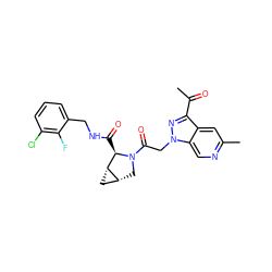 CC(=O)c1nn(CC(=O)N2C[C@@H]3C[C@@H]3[C@H]2C(=O)NCc2cccc(Cl)c2F)c2cnc(C)cc12 ZINC000143912168