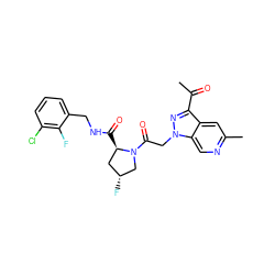 CC(=O)c1nn(CC(=O)N2C[C@H](F)C[C@H]2C(=O)NCc2cccc(Cl)c2F)c2cnc(C)cc12 ZINC000143887214