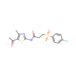 CC(=O)c1sc(NC(=O)CCS(=O)(=O)c2ccc(Cl)cc2)nc1C ZINC000004496234