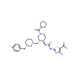 CC(=O)c1sc(NC(=O)N[C@@H]2CCN(C(=O)C3CCCC3)C[C@H]2CN2CCC[C@@H](Cc3ccc(F)cc3)C2)nc1C ZINC000028975235