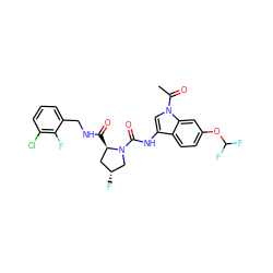 CC(=O)n1cc(NC(=O)N2C[C@H](F)C[C@H]2C(=O)NCc2cccc(Cl)c2F)c2ccc(OC(F)F)cc21 ZINC000148265177