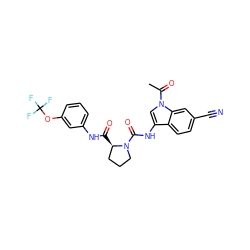 CC(=O)n1cc(NC(=O)N2CCC[C@H]2C(=O)Nc2cccc(OC(F)(F)F)c2)c2ccc(C#N)cc21 ZINC000148347171