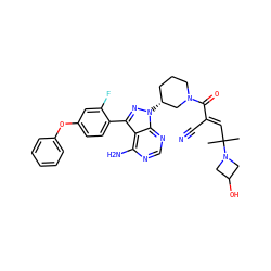 CC(C)(/C=C(\C#N)C(=O)N1CCC[C@@H](n2nc(-c3ccc(Oc4ccccc4)cc3F)c3c(N)ncnc32)C1)N1CC(O)C1 ZINC000207779001