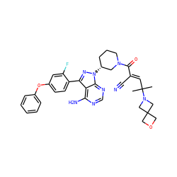 CC(C)(/C=C(\C#N)C(=O)N1CCC[C@@H](n2nc(-c3ccc(Oc4ccccc4)cc3F)c3c(N)ncnc32)C1)N1CC2(COC2)C1 ZINC000207715309