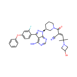 CC(C)(/C=C(\C#N)C(=O)N1CCC[C@H](n2nc(-c3ccc(Oc4ccccc4)cc3F)c3c(N)ncnc32)C1)N1CC(O)C1 ZINC000224348972