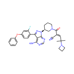 CC(C)(/C=C(\C#N)C(=O)N1CCC[C@H](n2nc(-c3ccc(Oc4ccccc4)cc3F)c3c(N)ncnc32)C1)N1CCC1 ZINC000224310601