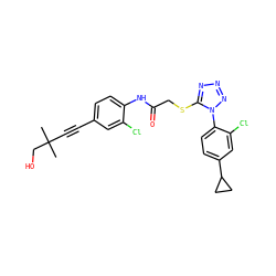 CC(C)(C#Cc1ccc(NC(=O)CSc2nnnn2-c2ccc(C3CC3)cc2Cl)c(Cl)c1)CO ZINC000028823613