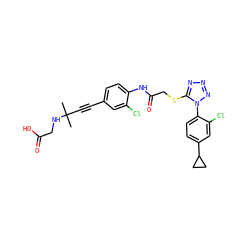 CC(C)(C#Cc1ccc(NC(=O)CSc2nnnn2-c2ccc(C3CC3)cc2Cl)c(Cl)c1)NCC(=O)O ZINC000028823607