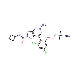 CC(C)(C#N)CCOc1cc(Cl)cc(Cl)c1-c1nc(N)nc2c1CN(C(=O)NC1CCC1)C2 ZINC000071297075