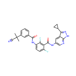 CC(C)(C#N)c1cccc(C(=O)Nc2ccc(F)c(C(=O)Nc3cnc4[nH]nc(C5CC5)c4c3)c2F)c1 ZINC000095574136