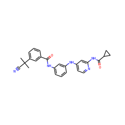 CC(C)(C#N)c1cccc(C(=O)Nc2cccc(Nc3ccnc(NC(=O)C4CC4)c3)c2)c1 ZINC000653848920