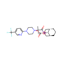 CC(C)(C(=O)N[C@H]1[C@H]2CCC[C@H]1C[C@@H](C(=O)O)C2)N1CCN(c2ccc(C(F)(F)F)cn2)CC1 ZINC000261117906