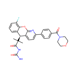 CC(C)(C(=O)NC(N)=O)[C@@H]1c2ccc(-c3ccc(C(=O)N4CCOCC4)cc3)nc2Oc2c(F)cccc21 ZINC000299825560
