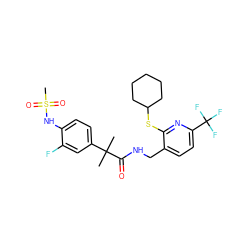 CC(C)(C(=O)NCc1ccc(C(F)(F)F)nc1SC1CCCCC1)c1ccc(NS(C)(=O)=O)c(F)c1 ZINC000138722601