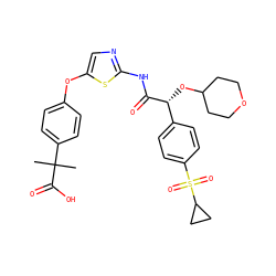 CC(C)(C(=O)O)c1ccc(Oc2cnc(NC(=O)[C@H](OC3CCOCC3)c3ccc(S(=O)(=O)C4CC4)cc3)s2)cc1 ZINC000220892182